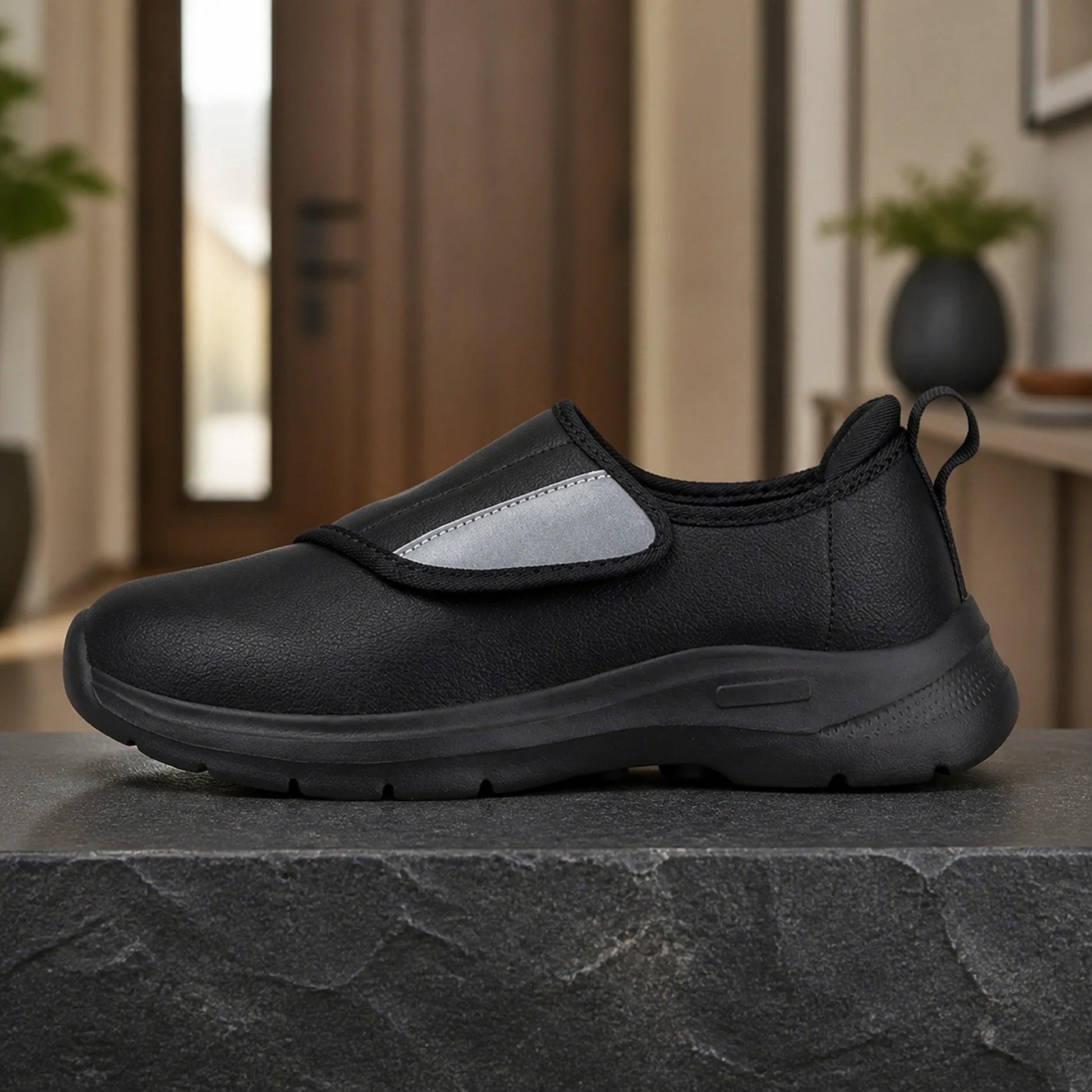 Black unlined men's velcro shoes true side view — view 8