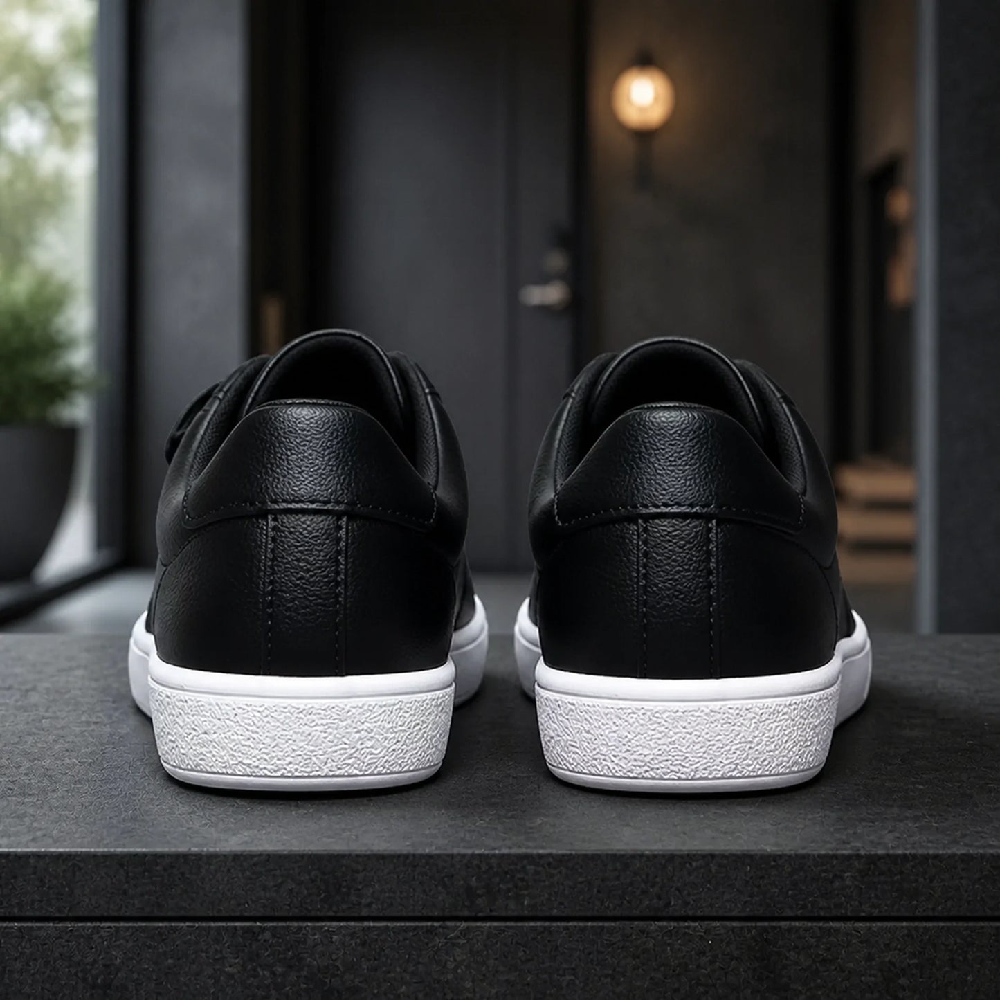 Black and white men's triple strap velcro shoes direct rear view