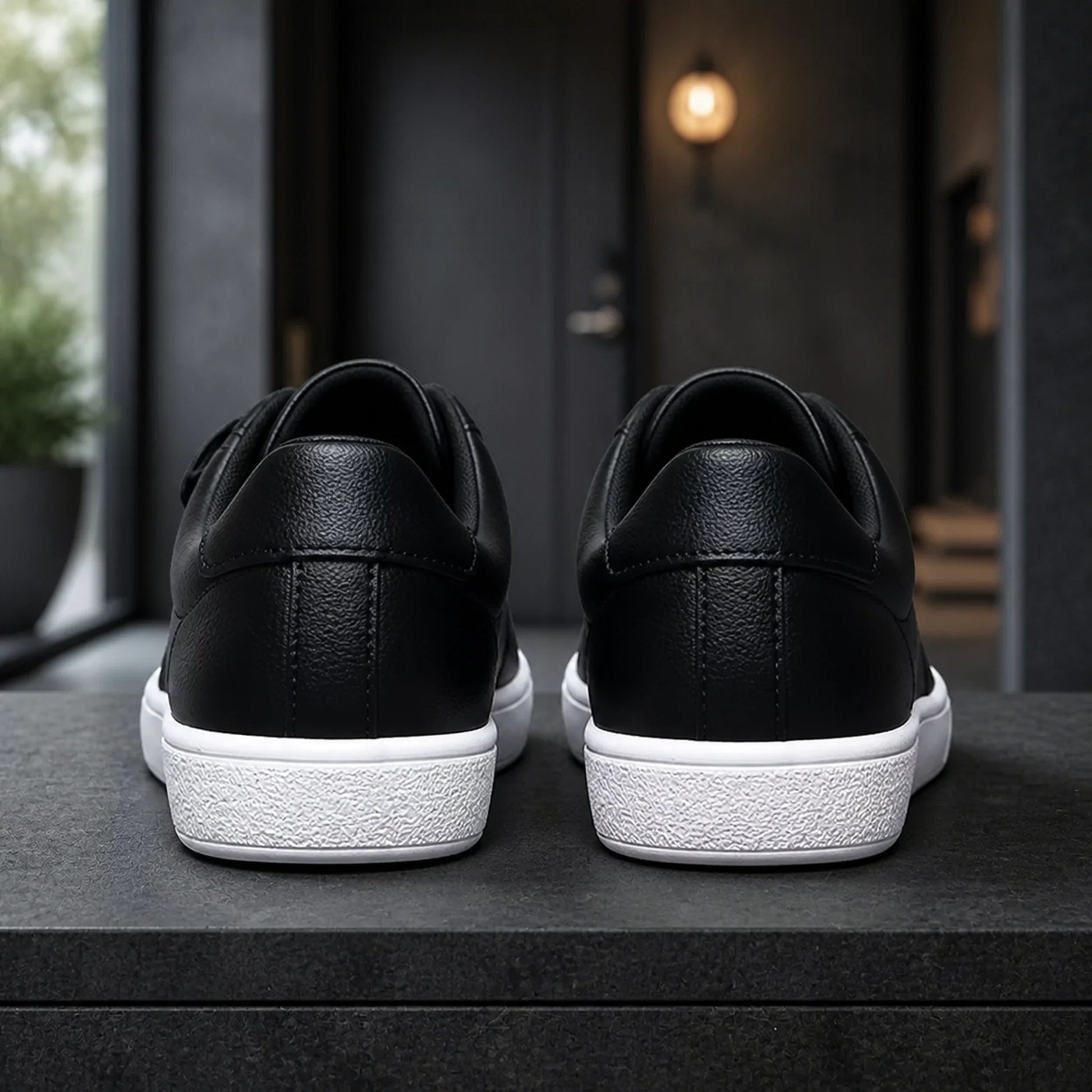 Black and white men's triple strap velcro shoes direct rear view