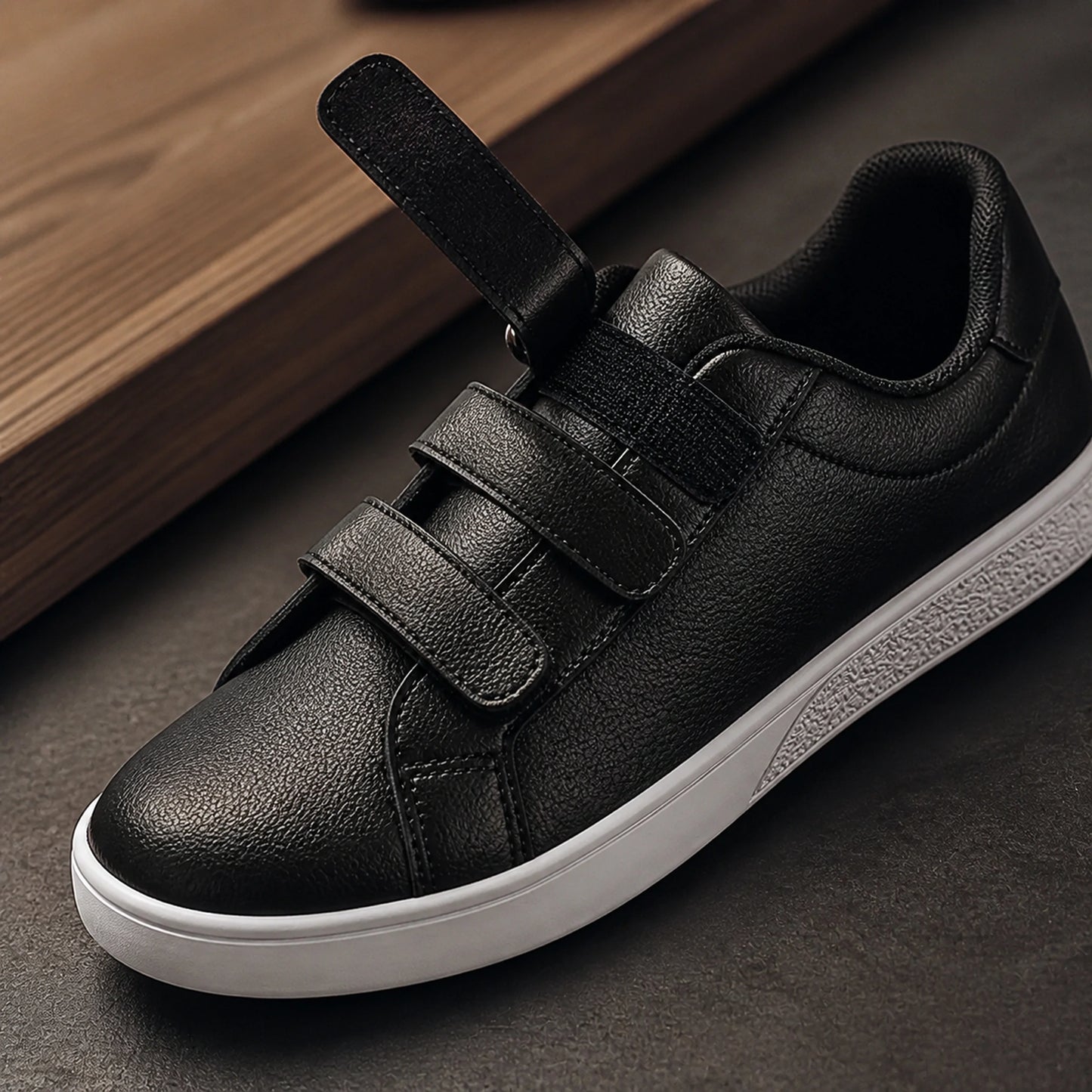 Black and white triple strap velcro shoes closure detail — view 2