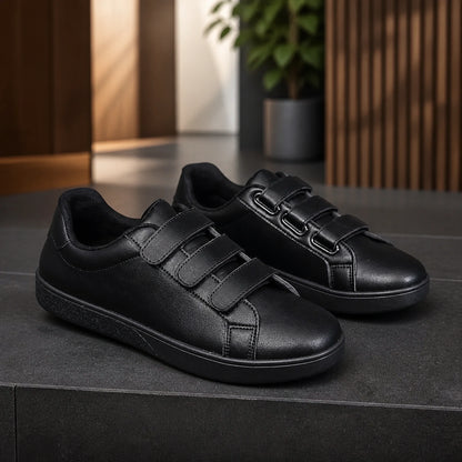 Black and white men's triple strap velcro shoes complete front view — view 4