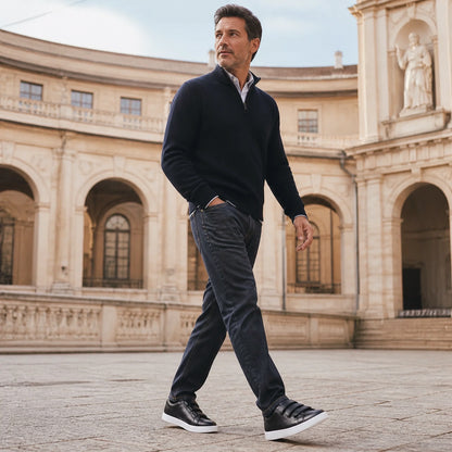 Man in his forties wearing black and white velcro shoes — view 6