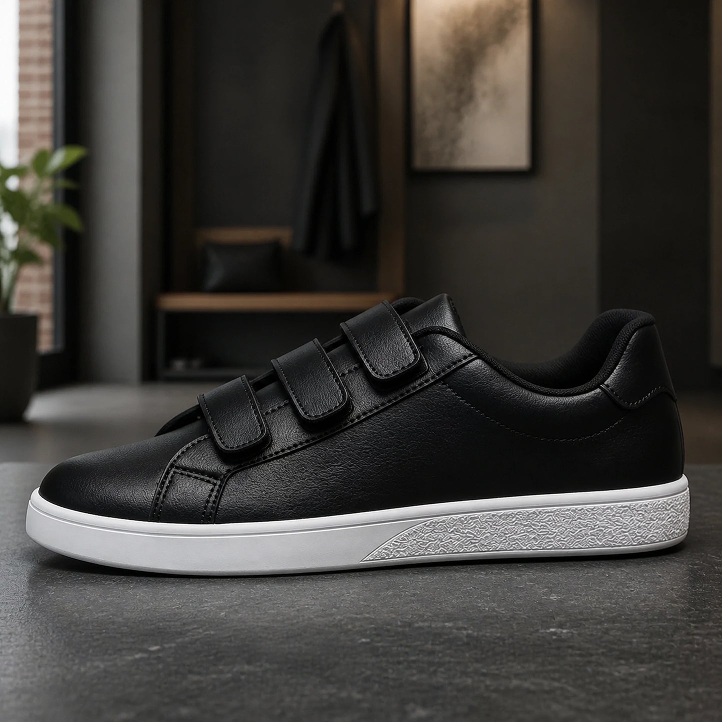 Black and white triple strap velcro shoes true side view — view 7