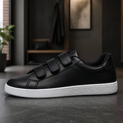 Black and white triple strap velcro shoes true side view — view 7