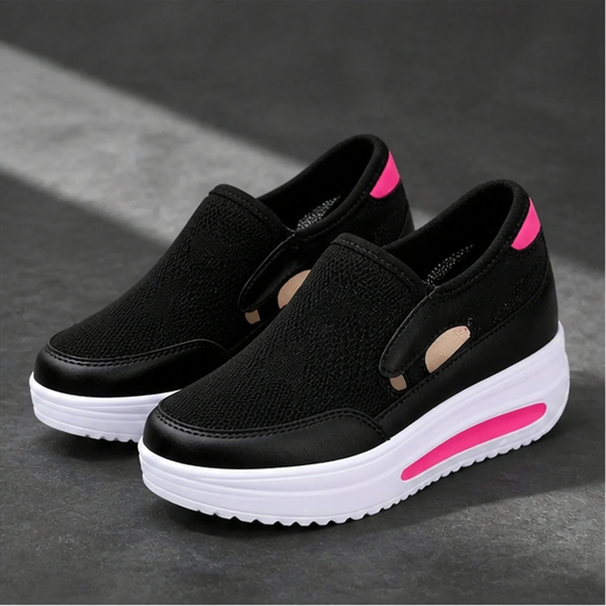 Black breathable wedge velcro shoes complete front view