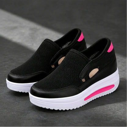 Black breathable wedge velcro shoes complete front view
