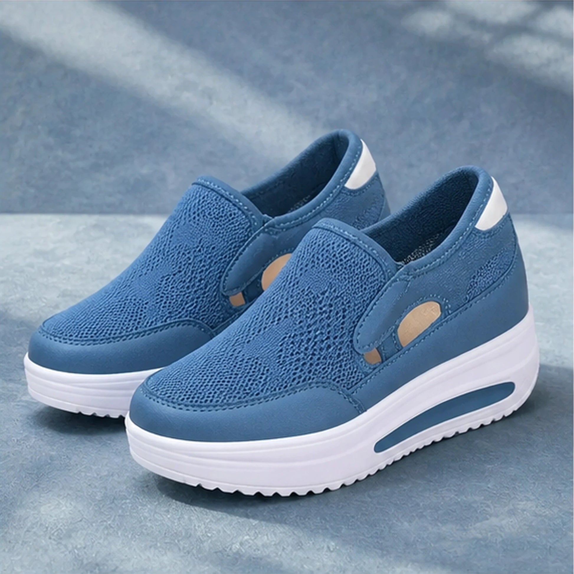 Royal Blue breathable wedge velcro shoes complete front view — view 3