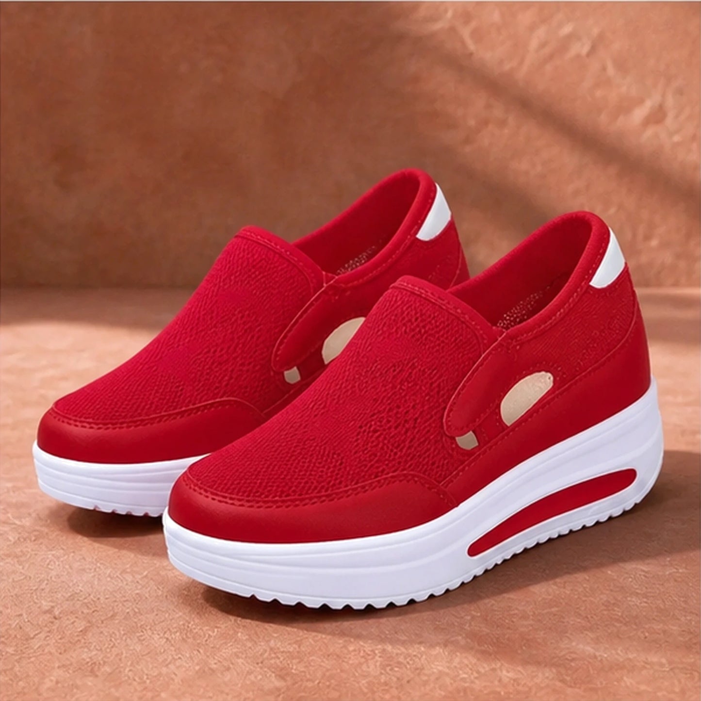 Red breathable wedge velcro shoes complete front view — view 4