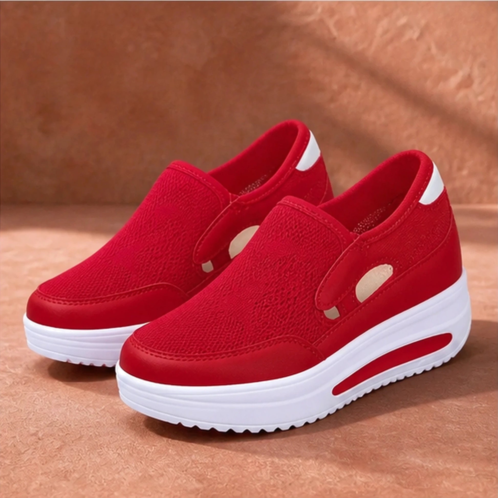 Red breathable wedge velcro shoes complete front view — view 4