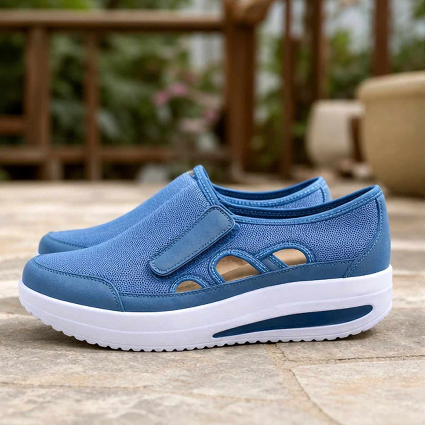 Royal Blue wedge velcro shoes true side view — view 5