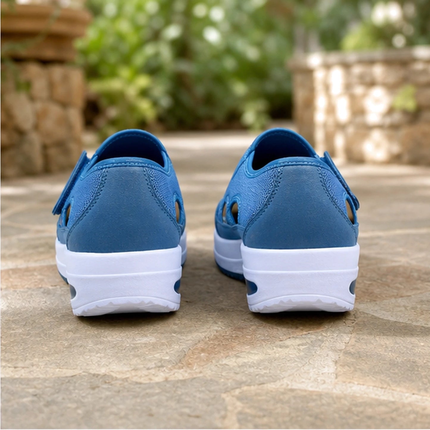Royal Blue wedge velcro shoes direct rear view — view 6