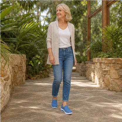 Woman in her fifties wearing Royal Blue wedge velcro shoes — view 8