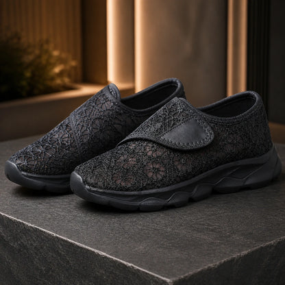 Black women's floral mesh velcro shoes complete front view