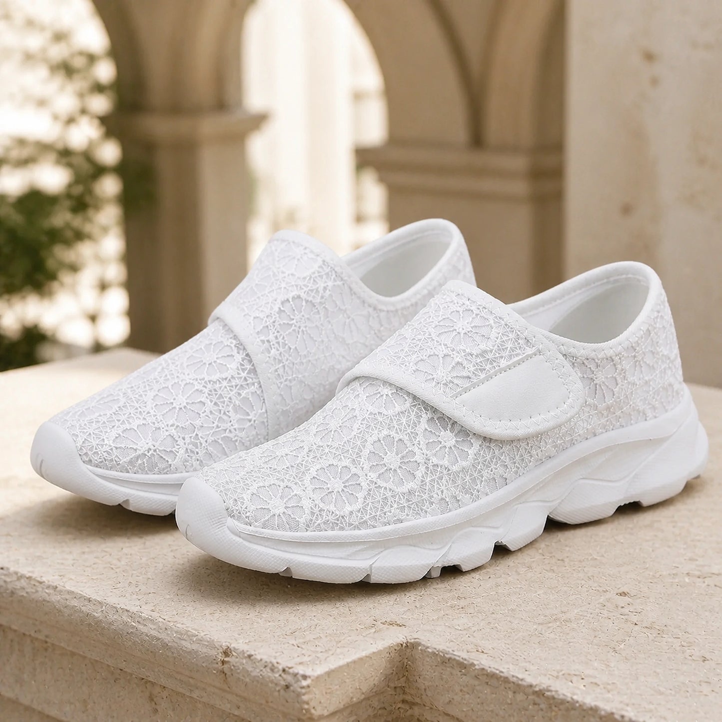 White women's floral mesh velcro shoes complete front view — view 2