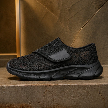 Black floral mesh velcro shoes true side view — view 3