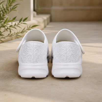 White floral mesh velcro shoes direct rear view — view 4