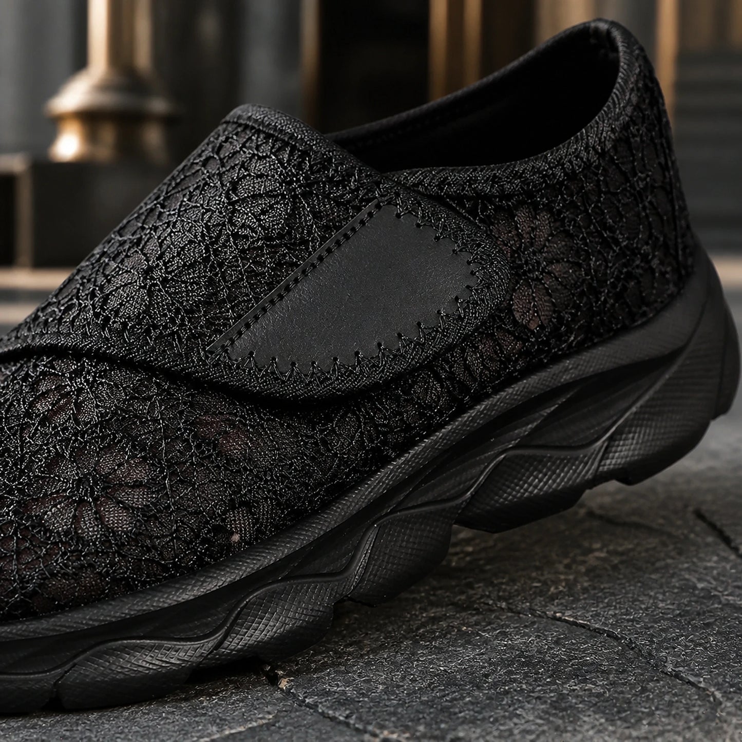 velcro shoes — Black floral lace and strap construction detail — view 5