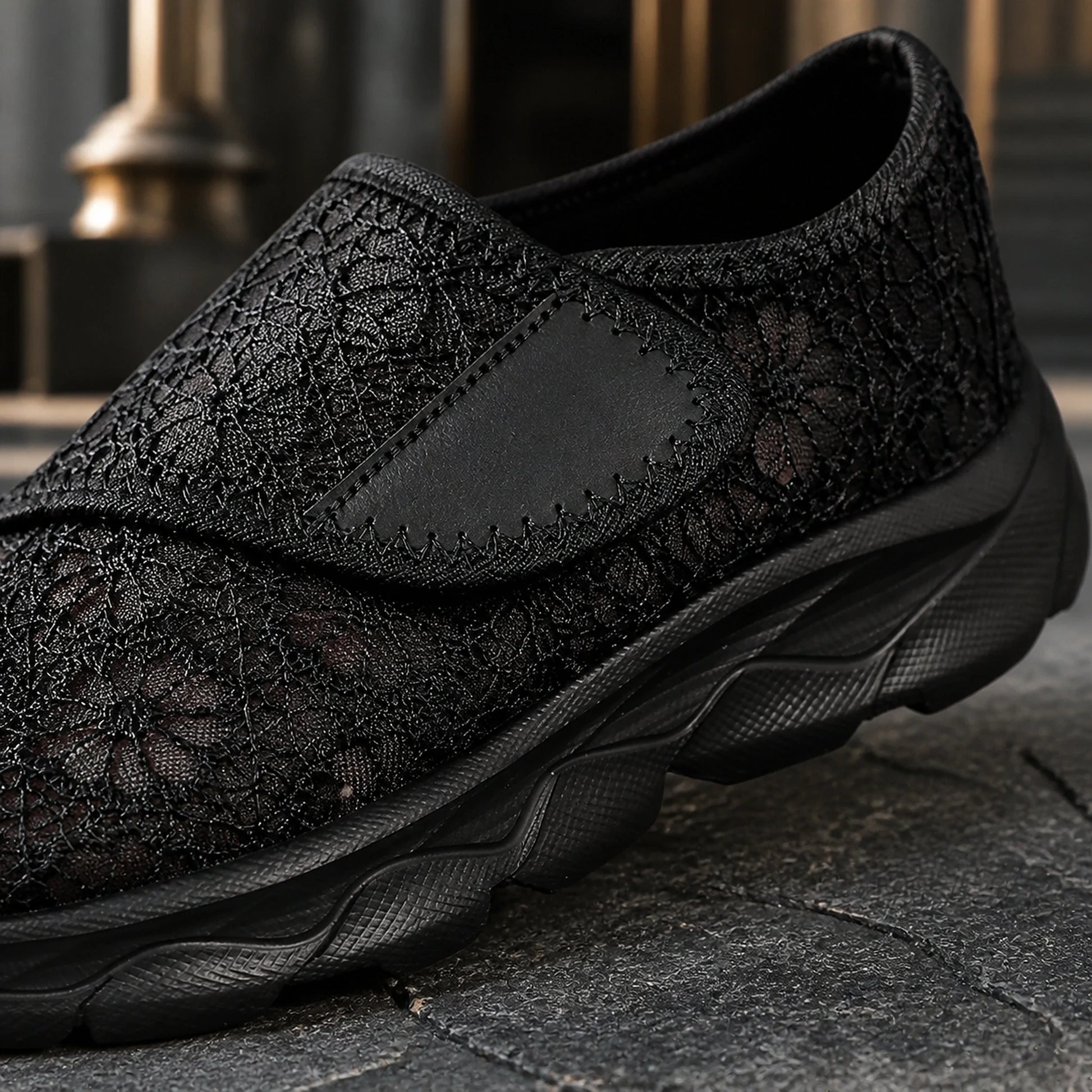 velcro shoes — Black floral lace and strap construction detail — view 5
