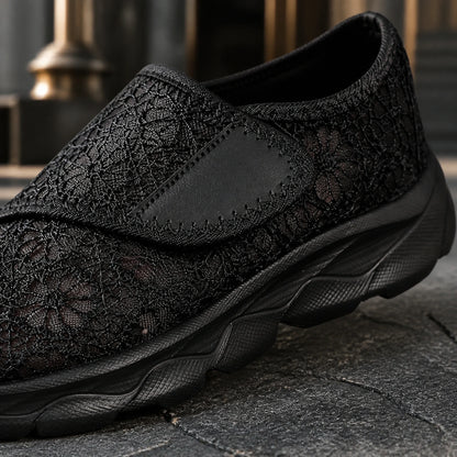 velcro shoes — Black floral lace and strap construction detail — view 5
