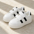 White striped platform velcro shoes complete front view
