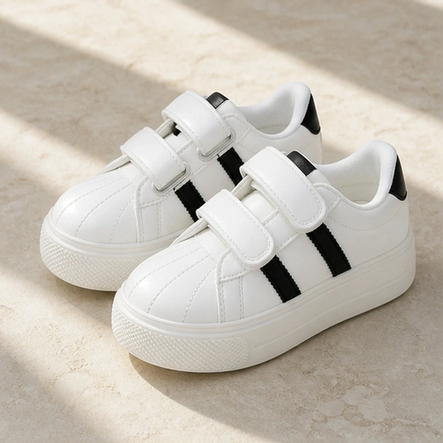 White striped platform velcro shoes complete front view