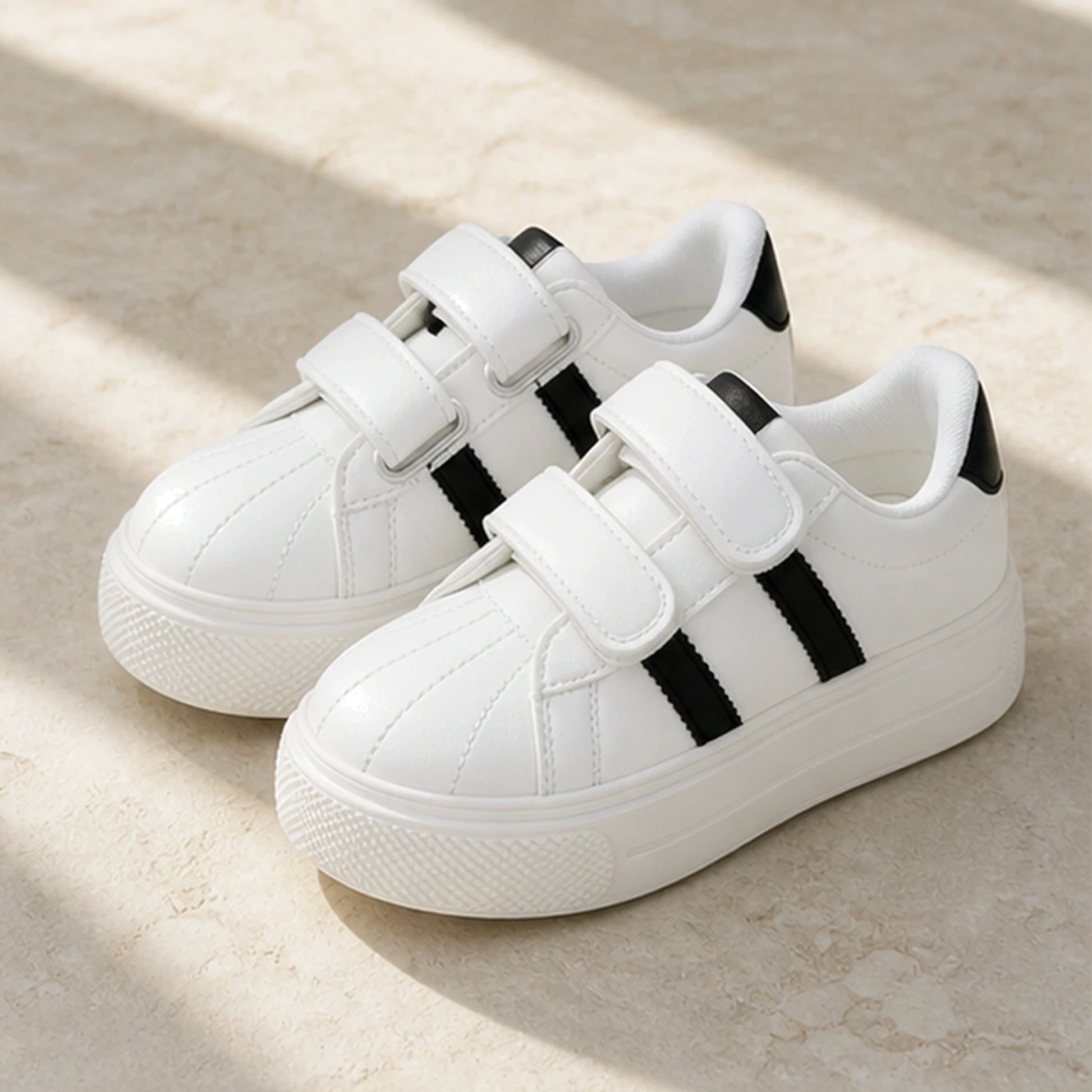 White striped platform velcro shoes complete front view