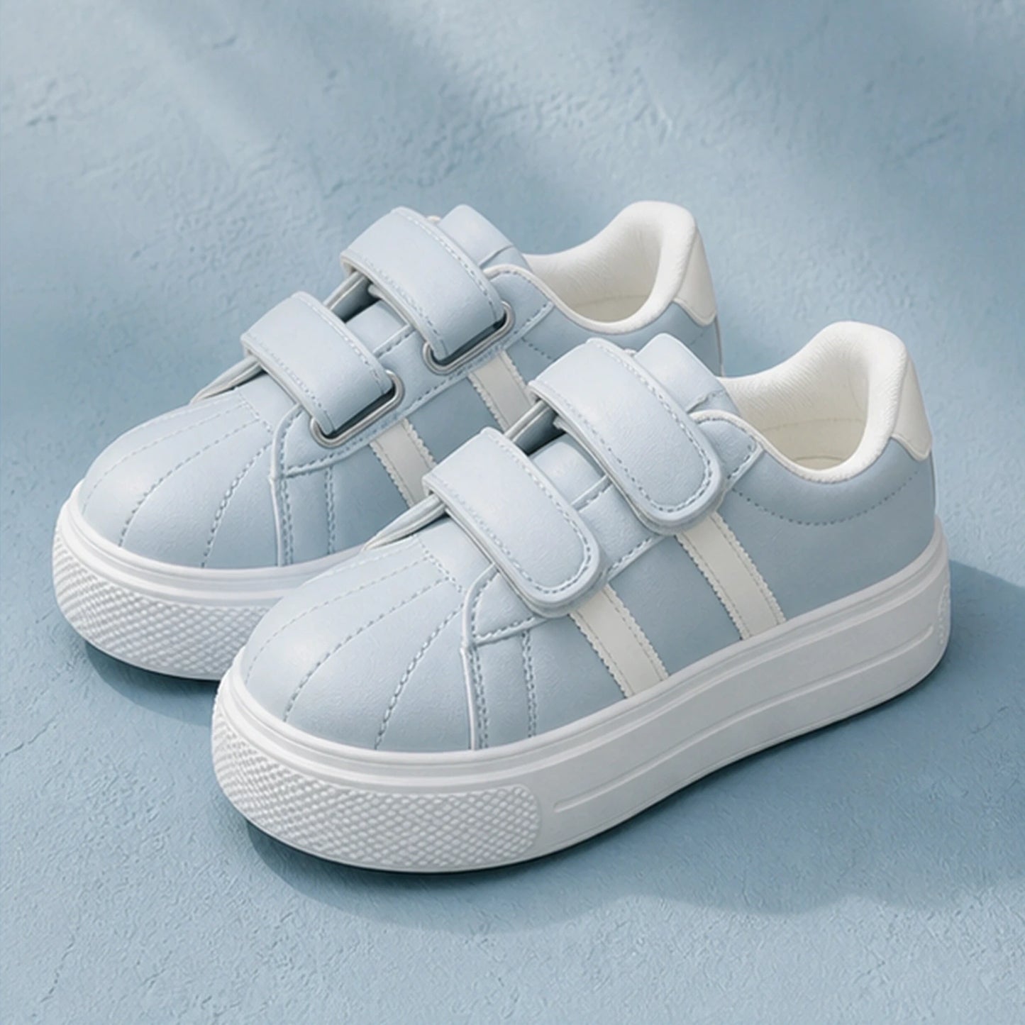 Blue striped platform velcro shoes complete front view — view 2