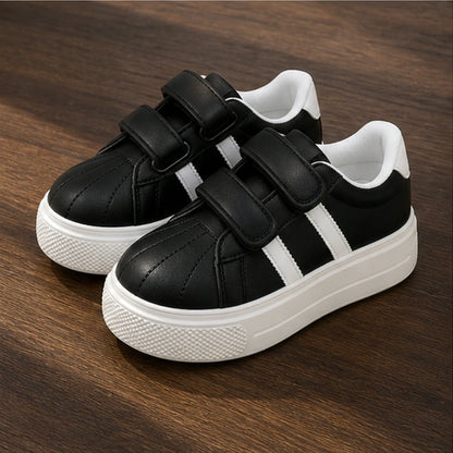 Black striped platform velcro shoes complete front view — view 3