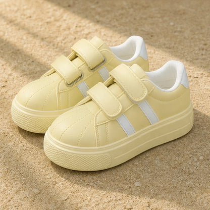 Yellow striped platform velcro shoes complete front view — view 4