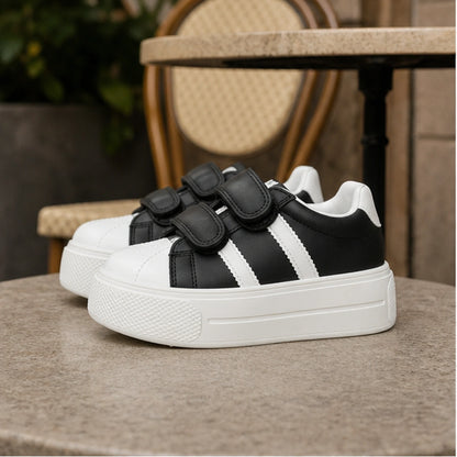 Black striped platform velcro shoes true side view — view 5