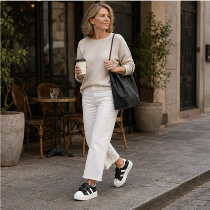 Woman in her fifties wearing Black platform velcro shoes — view 8