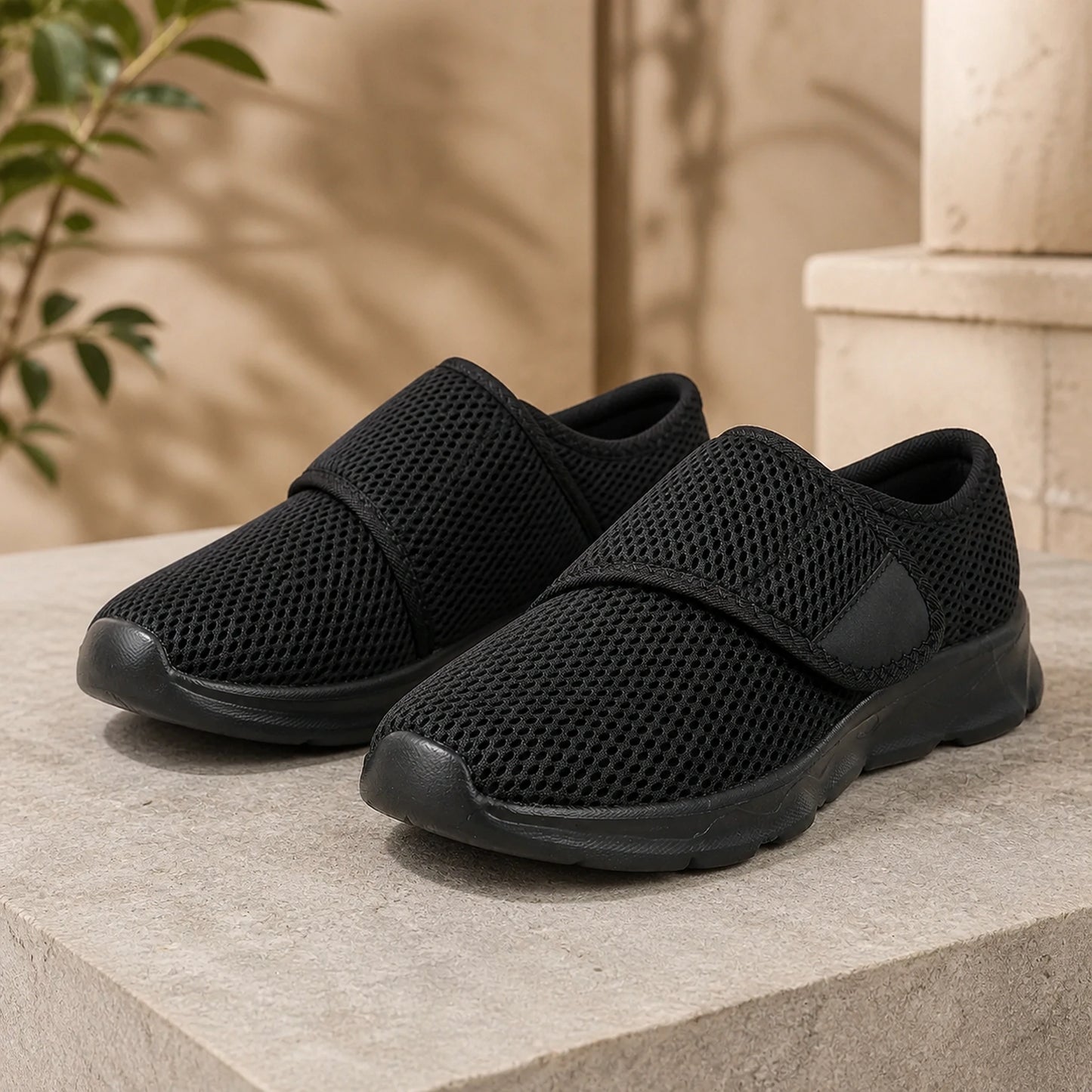Black wide fit mesh velcro shoes front view — view 2