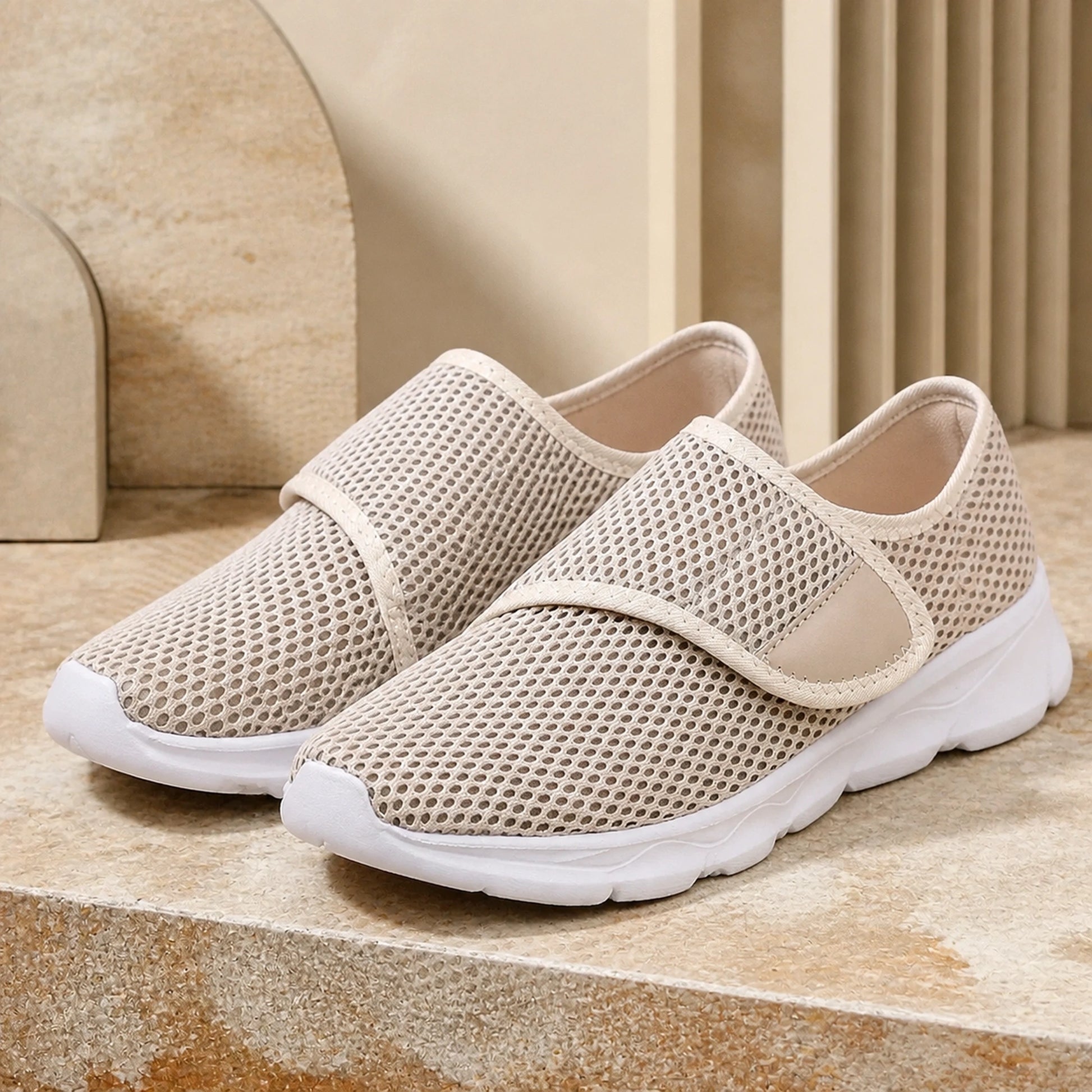 Beige wide fit mesh velcro shoes front view — view 5