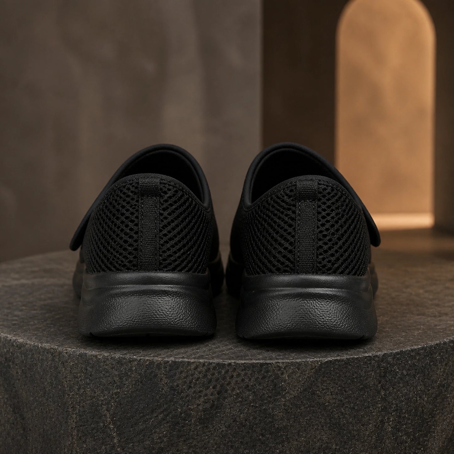 Black mesh velcro shoes rear view — view 7
