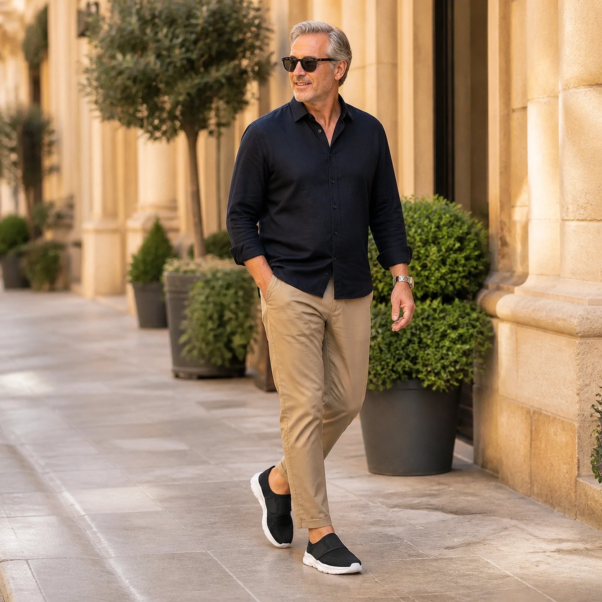 Man in his fifties wearing black and white velcro shoes — view 9