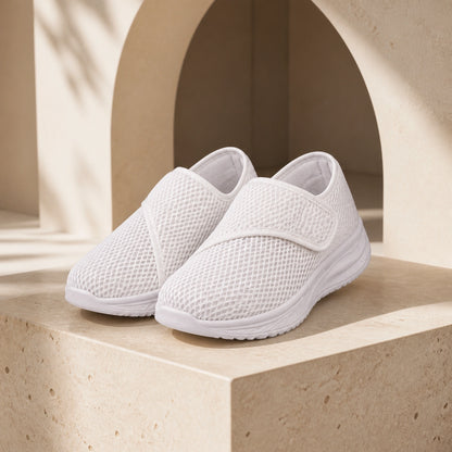 White breathable mesh velcro shoes front view