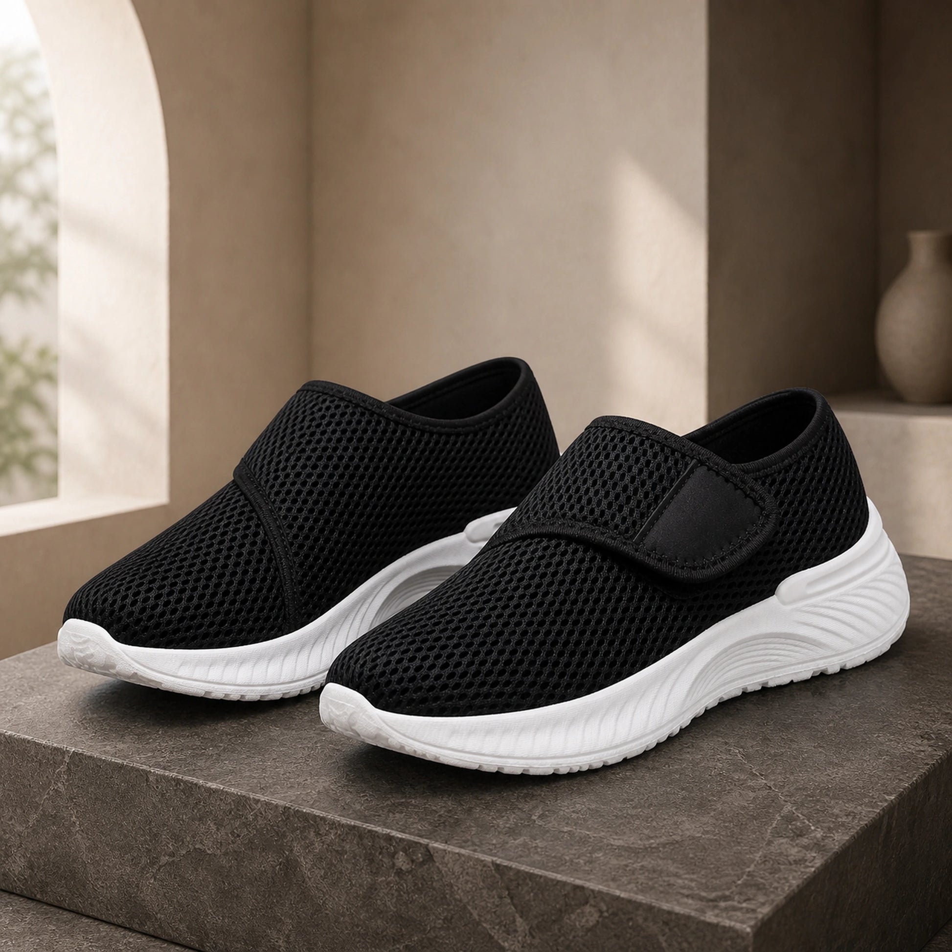 Black breathable mesh velcro shoes front view — view 2