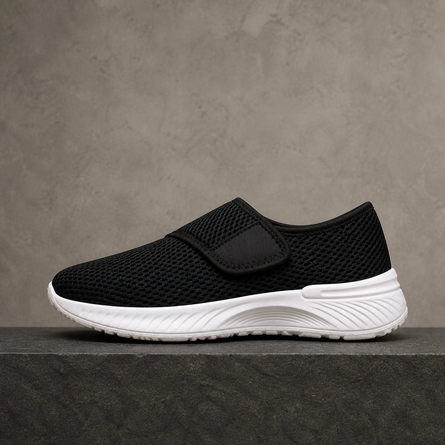 velcro shoes — Black mesh velcro shoe true side view — view 4