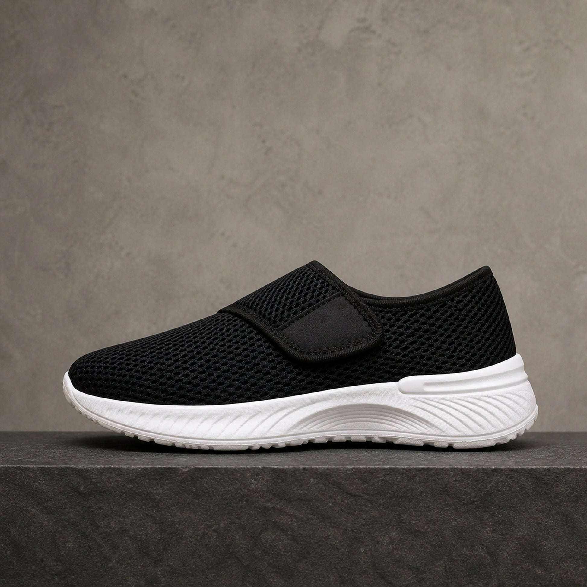 velcro shoes — Black mesh velcro shoe true side view — view 4