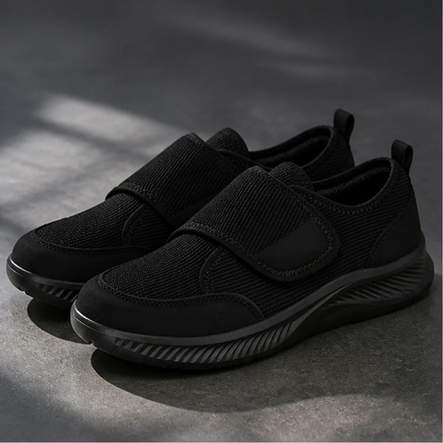 Black wide toe mesh velcro shoes complete front view