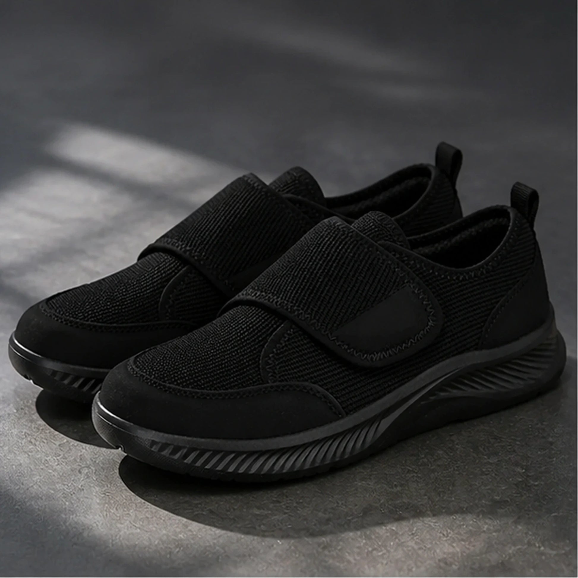 Black wide toe mesh velcro shoes complete front view