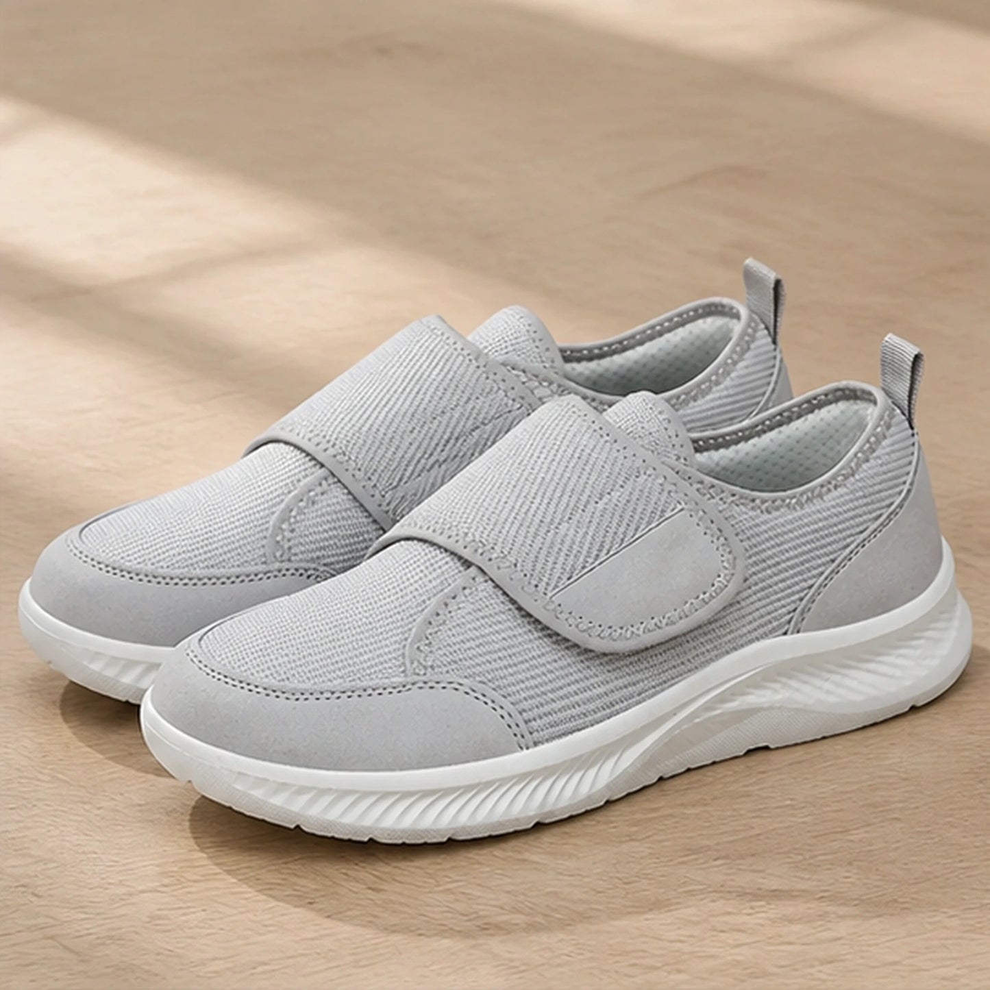 Light Gray wide toe mesh velcro shoes complete front view — view 2