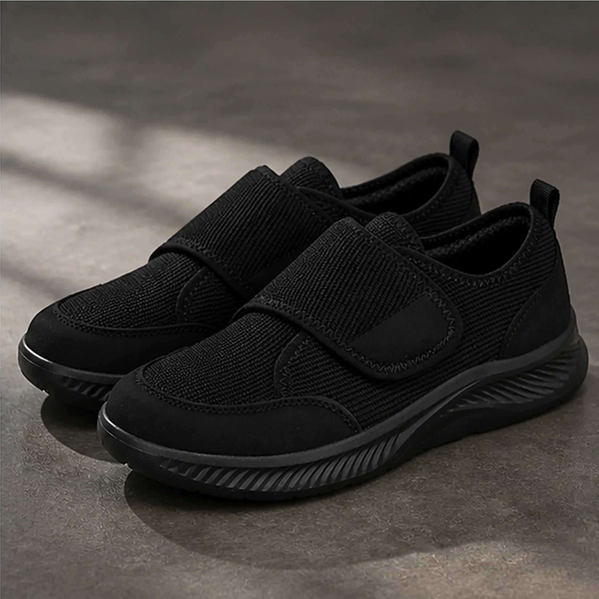 Black wide toe mesh velcro shoes alternate three quarter view — view 4