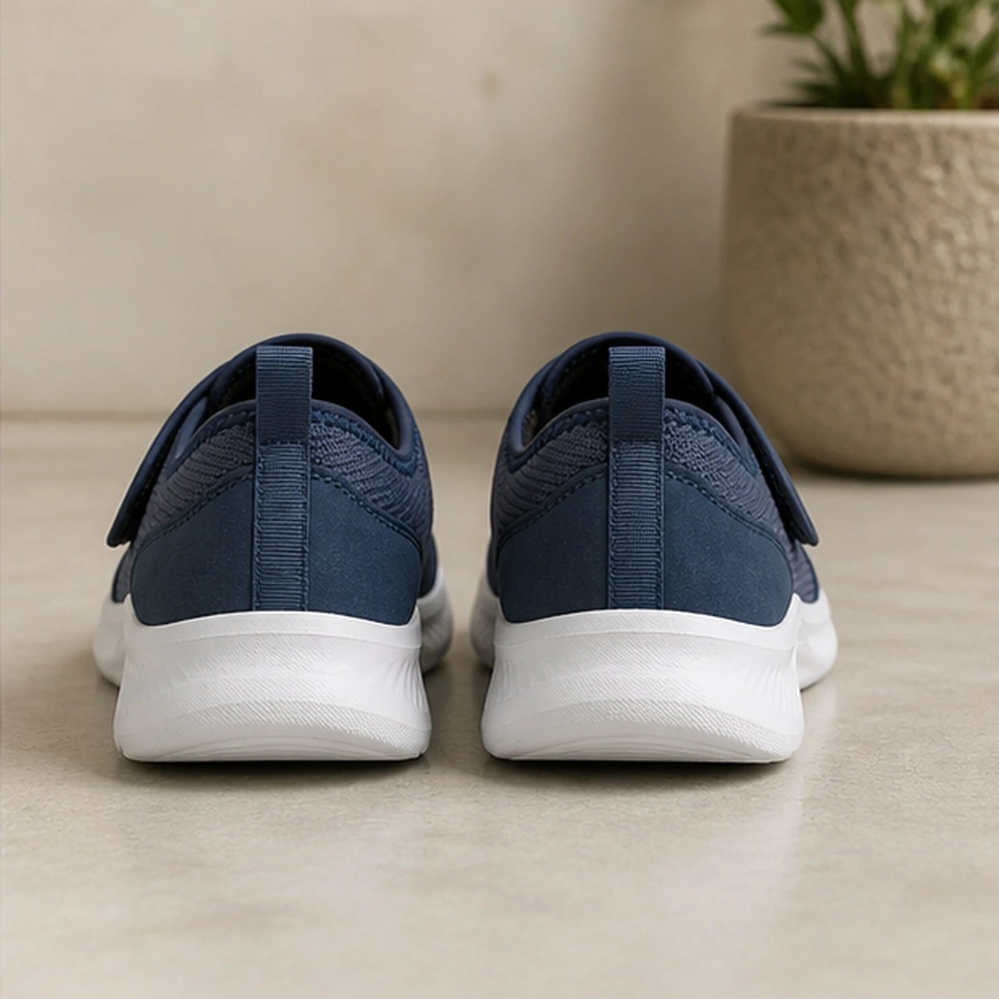Mist Blue wide toe velcro shoes direct rear view — view 6