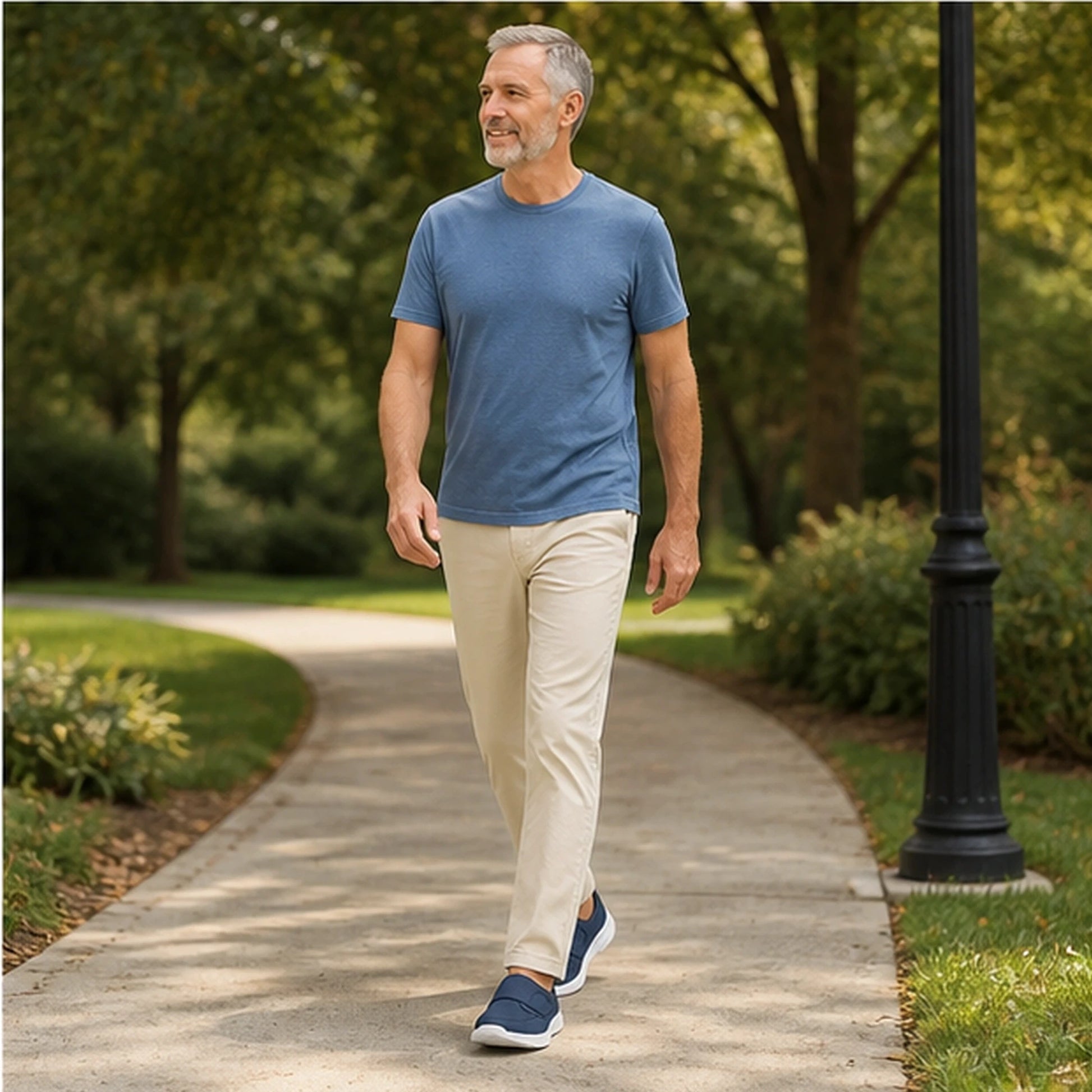 Man in his fifties wearing Mist Blue wide toe velcro shoes — view 8