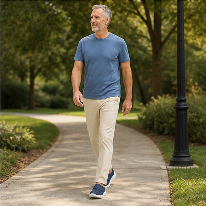 Man in his fifties wearing Mist Blue wide toe velcro shoes — view 8