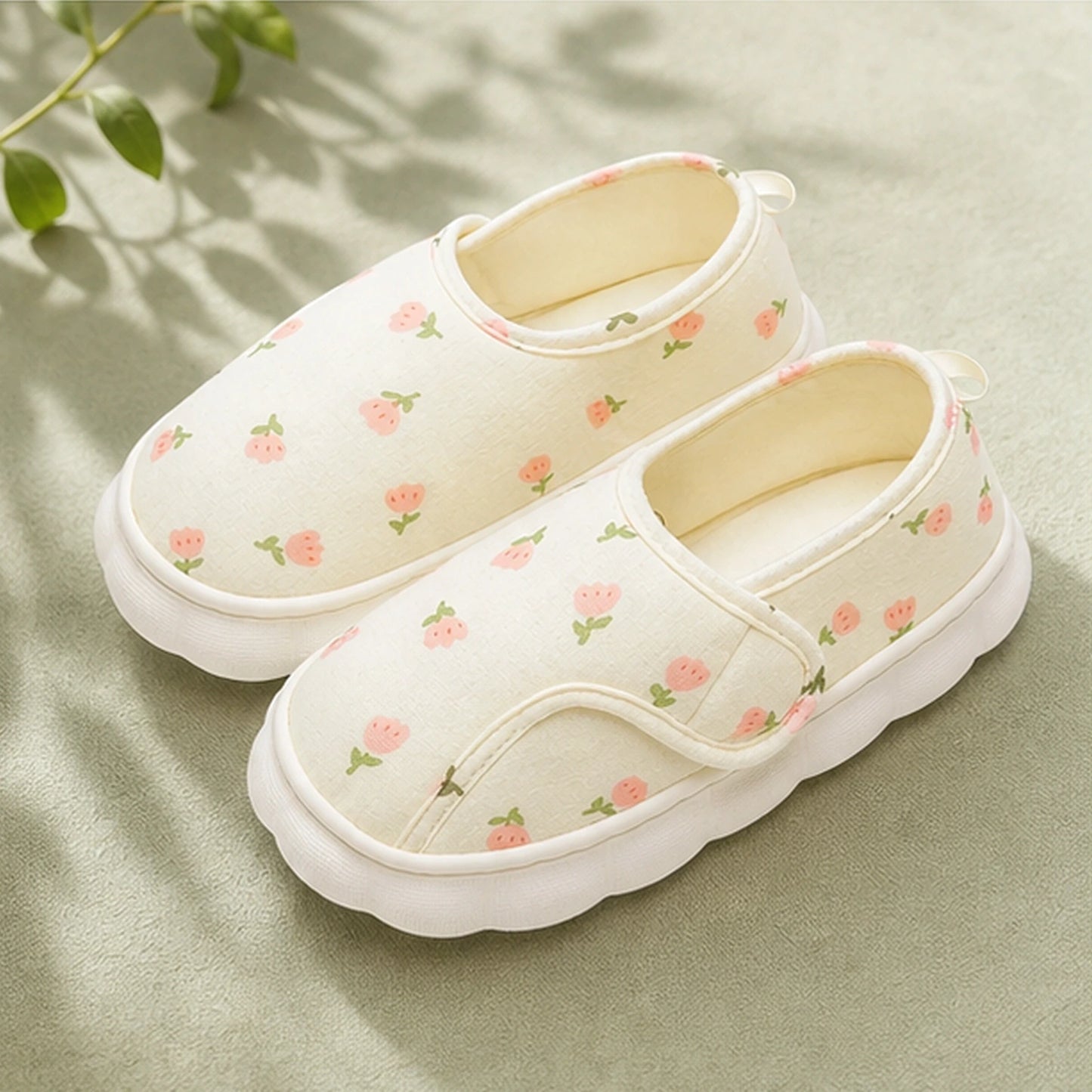 Peach Floral printed indoor velcro shoes complete front view — view 3