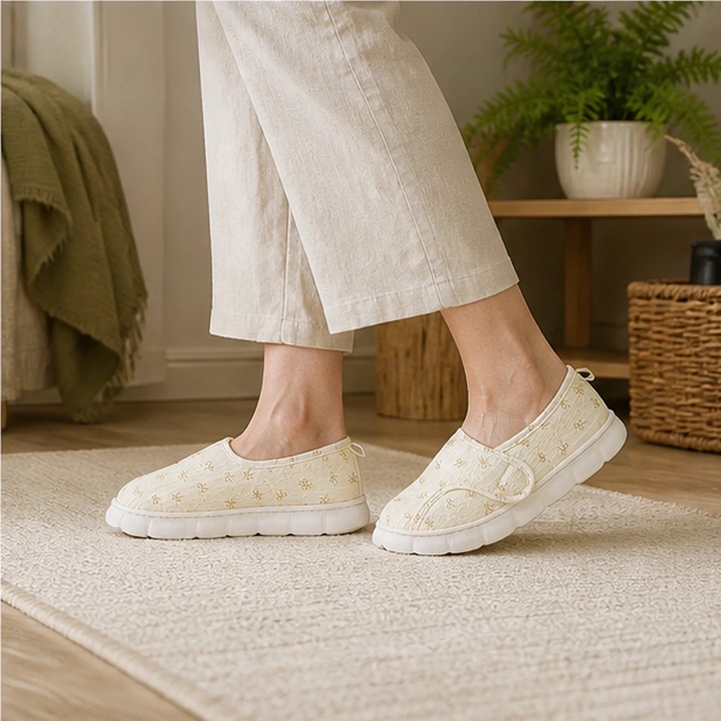 Woman in her fifties wearing Golden Bow indoor velcro shoes — view 8