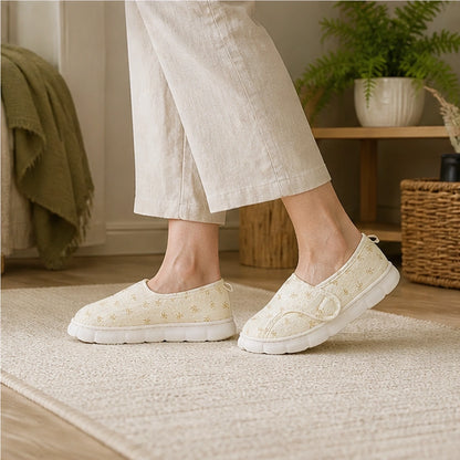 Woman in her fifties wearing Golden Bow indoor velcro shoes — view 8