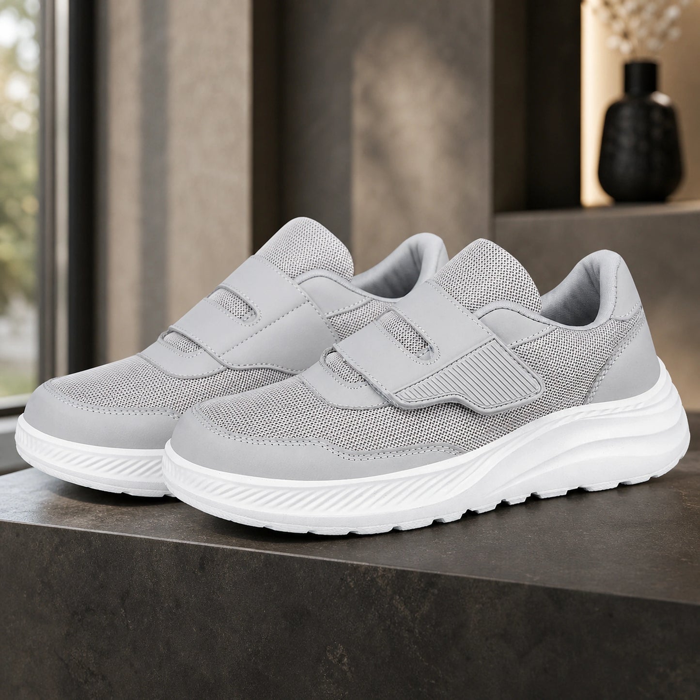 Gray men's adjustable comfort velcro shoes complete front view — view 4